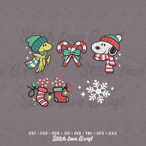 May include: Embroidered Christmas designs featuring Snoopy, Woodstock, candy canes, stockings, and a snowflake. The characters are wearing hats and scarves in red, green, and white. The text "Stitch Love Craft" is at the bottom.