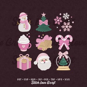 May include: A collection of embroidered Christmas-themed designs, including a snowman, Christmas tree, snowflakes, a cup of whipped cream, bells, candy canes, a gift box, Santa Claus, and a snow globe. The designs feature pink and gold accents.