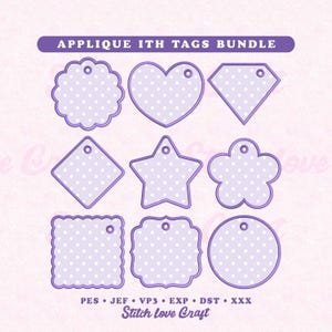 Puede incluir: Un conjunto de nueve etiquetas de apliques de color lila claro en varias formas, incluyendo un corazón y una estrella, con lunares blancos. El texto "APPLIQUE ITH TAGS BUNDLE" está en la parte superior. El texto inferior dice "Stitch love Craft".