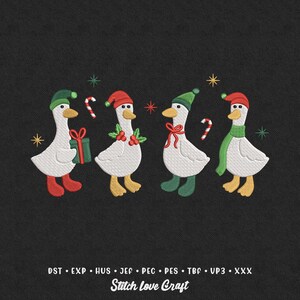 May include: Embroidered design featuring four white geese dressed for the holidays. Each goose wears a festive hat, scarf, or boots, and some hold gifts or candy canes. The design includes the text "Stitch Love Craft".