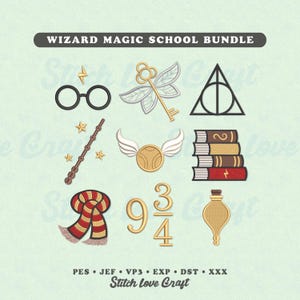 May include: A digital embroidery design set titled WIZARD MAGIC SCHOOL BUNDLE featuring icons of round glasses, a winged key, a triangle symbol, a wand with stars, a winged ball, a stack of books, a striped scarf, the number 9 3/4, and a potion bottle.