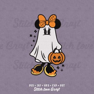 Halloween Ghost Mouse Embroidery Design: Fall Pumpkin Spider Bow (Multiple Sizes & Formats)
