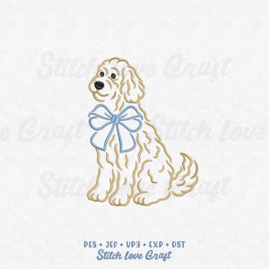 May include: An embroidered design of a seated dog with a light blue bow. The dog is white with gold outlines. The text "Stitch love Craft" is at the bottom, along with file type abbreviations.