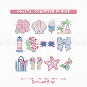 Puede incluir: Un conjunto de diseños de bordado digital titulado COASTAL COQUETTE BUNDLE con iconos de hibisco, concha, helado, palmeras, faro, flores, gafas de sol, lazo, bolso, chanclas, estrella de mar y hojas en tonos rosa y azul.