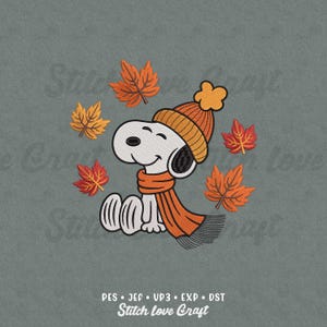 Ricamo autunnale con motivo a forma di cane: foglie autunnali, classico cane dei cartoni animati (diverse dimensioni e formati)