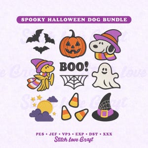Pode incluir: Um conjunto de bordados digitais intitulado SPOOKY HALLOWEEN DOG BUNDLE com uma abóbora, um cão com chapéu de bruxa, um fantasma, uma teia de aranha, doces, uma lua com nuvens, morcegos e o texto BOO! Formatos: PES, JEF, VP3, EXP, DST, XXX.