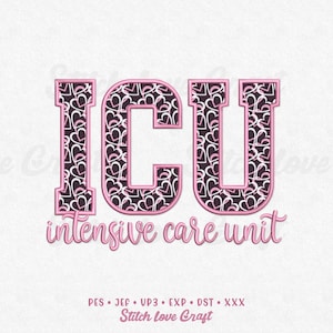 Puede incluir: Diseño bordado en rosa y negro con las letras "ICU" y un patrón de corazones, y las palabras "intensive care unit" en cursiva. Adecuado para bordado o proyectos de manualidades digitales.