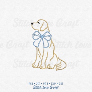 May include: A golden retriever dog outline with a light blue bow. The dog is sitting upright, facing left. The image includes the text "PES • JEF • VP3 • EXP • DST" and "Stitch Love Craft".