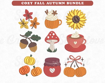 Cozy Autumn Fall Embroidery Designs: Seasonal Mini Icons Bundle, Pumpkin, Leaves, Sunflower (Instant Download)