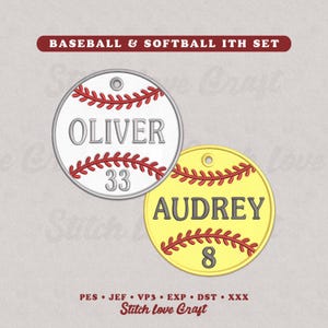 May include: A set of two round baseball and softball designs. One is white with red stitching, the name "OLIVER" and the number "33". The other is yellow with red stitching, the name "AUDREY" and the number "8".