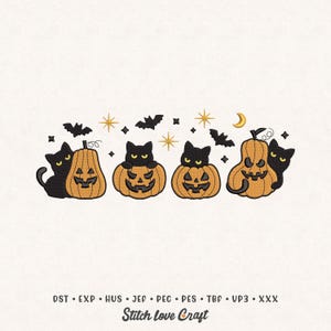 Halloween Black Cat Embroidery Design: Pumpkin, Bats, Feline (Digital Files, 4 Sizes