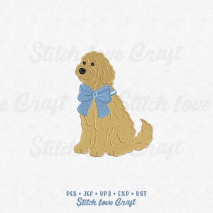May include: An illustration of a golden doodle dog wearing a light blue bow. The dog is depicted sitting down. The image includes the text "Stitch Love Craft" and file type abbreviations.