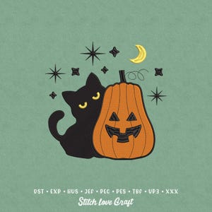 Halloween Black Cat Embroidery Design: Spooky Pumpkin Fall Autumn Cat (Digital Files, 6 Sizes)