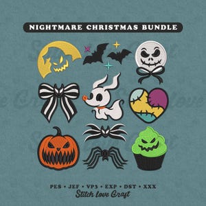 Peut inclure: Un ensemble de motifs de broderie intitulé NIGHTMARE CHRISTMAS BUNDLE comprenant une lune jaune, des chauves-souris noires, un visage de crâne blanc, un nœud rayé noir et blanc, un chien fantôme blanc, un cœur, une citrouille orange, une araignée et un cupcake vert.