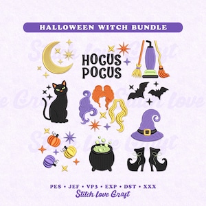 Diseños de bordado de Halloween: Hermanas Brujas, Hocus Pocus, Regalos de temporada con Gato Negro (Varios tamaños y formatos)