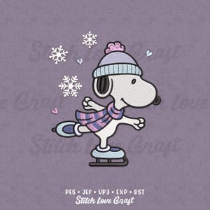 May include: An embroidered design of Snoopy ice skating, wearing a blue and pink striped scarf and hat with a pink pom-pom. White snowflakes and hearts are scattered around the character on a purple background. The text "Stitch Love Craft" is at the bottom.