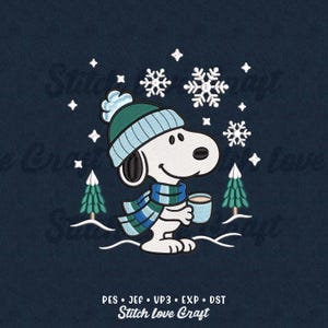 Winter Snowflake Dog Embroidery Design: Snow Mountain Trees, Classic Cartoon Dog (Multiple Sizes & Formats)