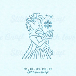 May include: A blue line drawing of a woman with long hair and a dress, holding a snowflake and stars. The image includes the text "Stitch Love Craft" and file type abbreviations.