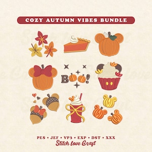 Cozy Autumn Fall Embroidery Designs: Pumpkin Spice, Mouse Ears Seasonal Gifts (Multiple Sizes & Formats)