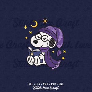 May include: An embroidered Snoopy design, wearing a purple nightcap, scarf, and glasses, reading a book. The design includes a crescent moon, stars, and the text "Stitch Love Craft" on a navy blue background.