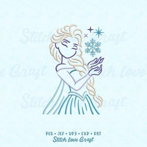Può includere: Illustrazione a tratto di un personaggio con lunghi capelli biondi, che indossa un vestito blu e tiene in mano un fiocco di neve. L'immagine include il testo "Stitch Love Craft" in basso.