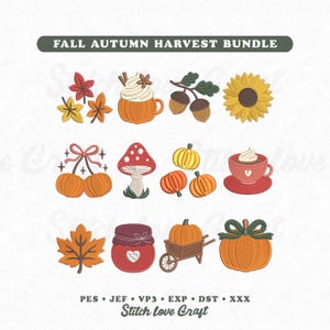 Autumn Pumpkin Harvest Embroidery Designs: Cozy Fall Set, Seasonal Mini Icons Bundle (Instant Download)