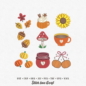 Könnte beinhalten: Eine Sammlung gestickter Designs zum Thema Herbst, darunter Blätter, Eicheln, ein Pumpkin Spice Latte, eine Sonnenblume, ein Pilz, eine Kaffeetasse, Kürbisse, ein Glas Marmelade und Kürbiskirschen. Der Text "Stitch love Craft" steht unten.