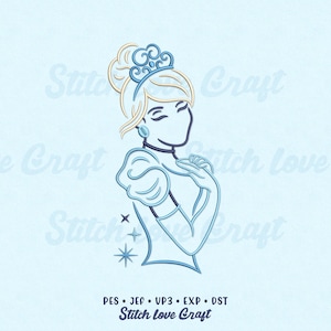 May include: An embroidered design of a princess in a light blue gown, with a tiara and earrings. The design is outlined in blue and gold thread, with the text "Stitch Love Craft" at the bottom. The design includes the file types: PES, JEF, VP3, EXP, and DST.
