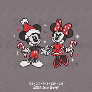 Christmas Embroidery Design: Mouse Ears Couple Holding Hands, Candy Cane (Multiple Size & Formats)