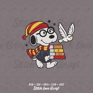 Magical Books Dog Embroidery Design: Snowy Owl, Wizard Character Dog (Multiple Sizes & Formats)