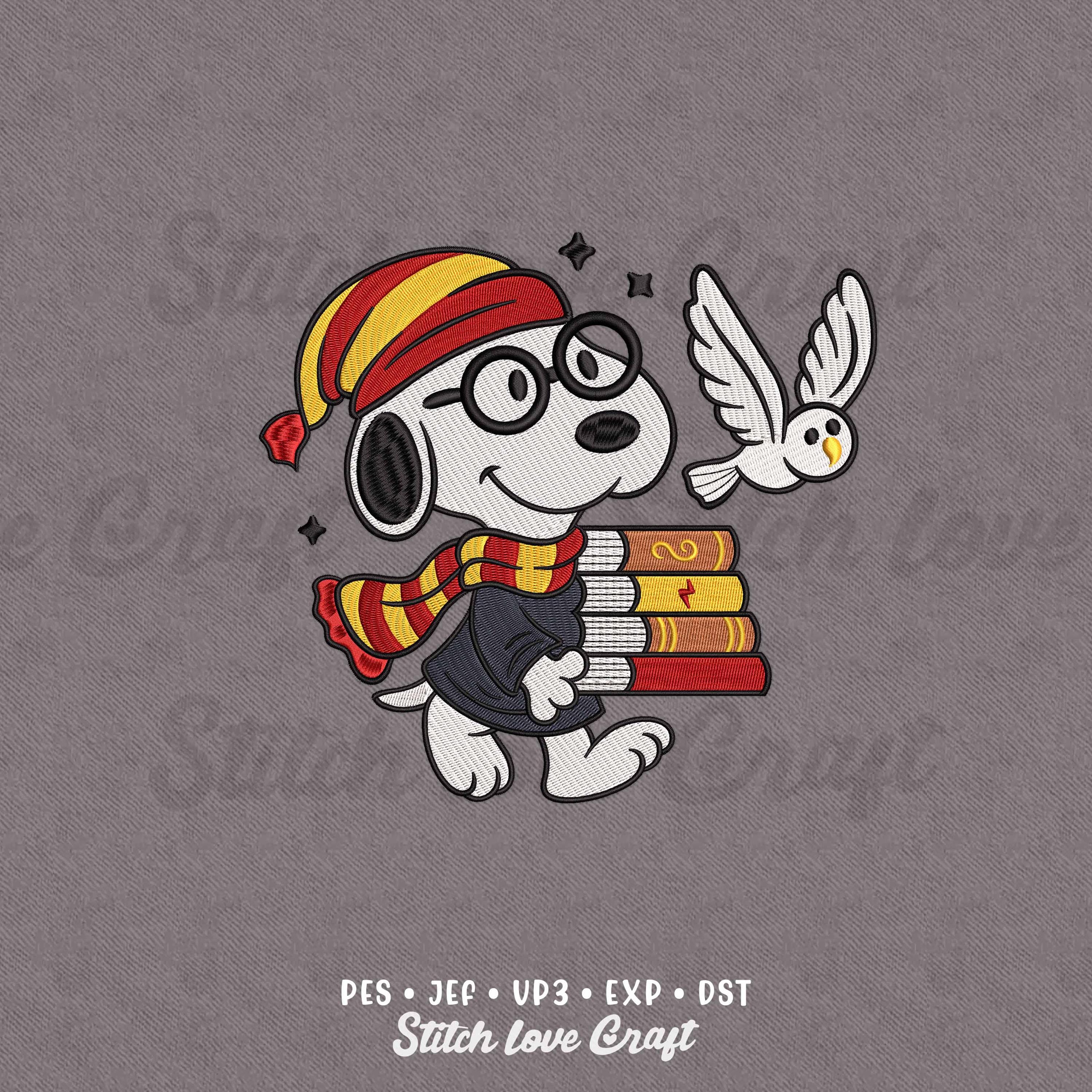 Magical Books Dog Embroidery Design: Snowy Owl, Wizard Character Dog (Multiple Sizes & Formats)
