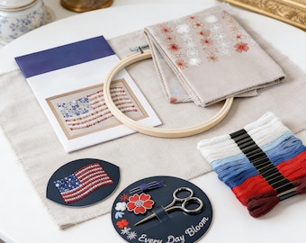 Kit per ricamo floreale rosso bianco blu, punto croce facile per principianti, set regalo artigianale fatto a mano