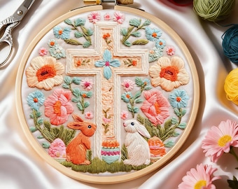 Tela da ricamo a croce pasquale, coniglietto ricamato a mano e decorazione floreale da parete, un ottimo regalo di Pasqua