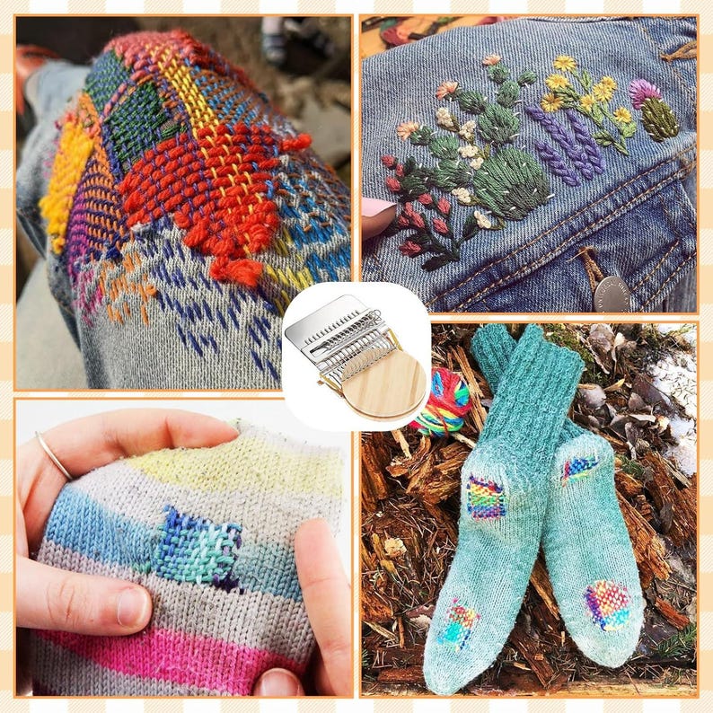 Pu&ograve; includere: Un collage che mostra tecniche di riparazione tessile. Include esempi di rammendo visibile su denim e maglieria, con fili e ricami colorati. Viene mostrato anche un piccolo strumento per tessere in legno e metallo.