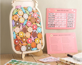 Barattolo magnetico in legno per bambini, tabella dei comportamenti positivi a tema ciambelle e caramelle, regalo per bambini in età prescolare