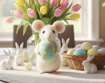 Statuetta di topo in feltro di lana pasquale, statua di animale in feltro di lana fatta a mano, divertente decorazione a forma di topo