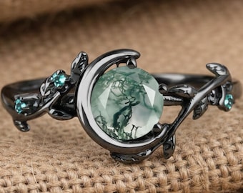 Black Gold Moss Agate Ring, Crescent Moon Vine Ring, Unique Witchy Engagement Gift