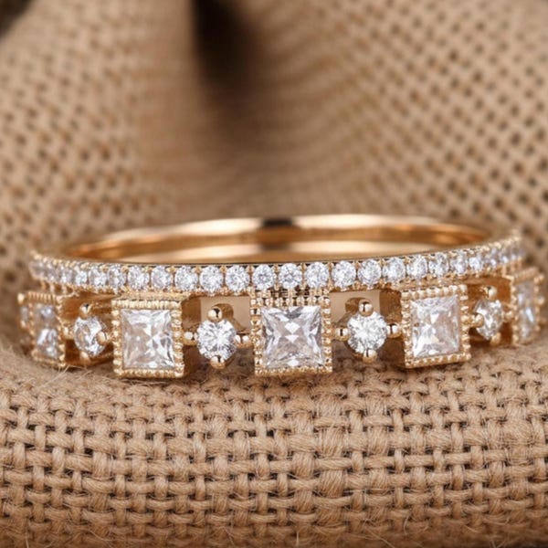 Princess Cut Moissanite Ring • Gold CZ Stacking Band • Elegant Geometric Wedding Jewelry