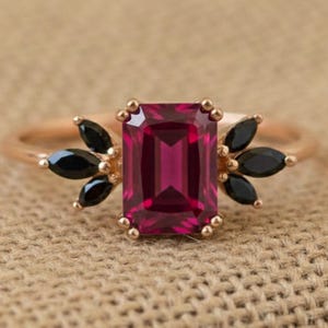 Vintage Emerald Cut Ruby and Black Onyx Ring: Rose Gold Engagement Ring, Birthstone-Jewelry Gift