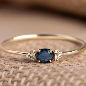 Dainty 14k Solid Gold Blue Sapphire & CZ Ring, Minimalist Crystal Ring, Oval Cut Blue Gemstone September Birthstone Gift For Women and Girls