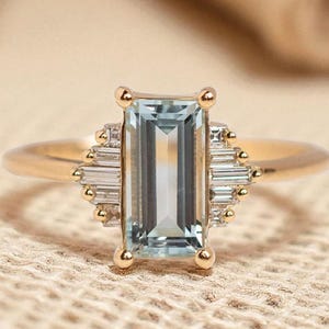 Antique Aquamarine And CZ Diamond Engagement Ring Baguette Cut Aquamarine Elegant Art Deco Ring Anniversary Gift , March Birthstone Gifts