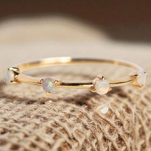 Minimalist Opal Ring– Elegant 14k Solid Yellow Gold Band with Four Fire Opal Unique Dainty Jewelry Gift for Women & Girls October Birthstone