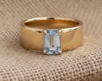 Emerald Cut Aquamarine Heavy Gold Band: Wide Statement Ring, March Birthstone Jewelry.