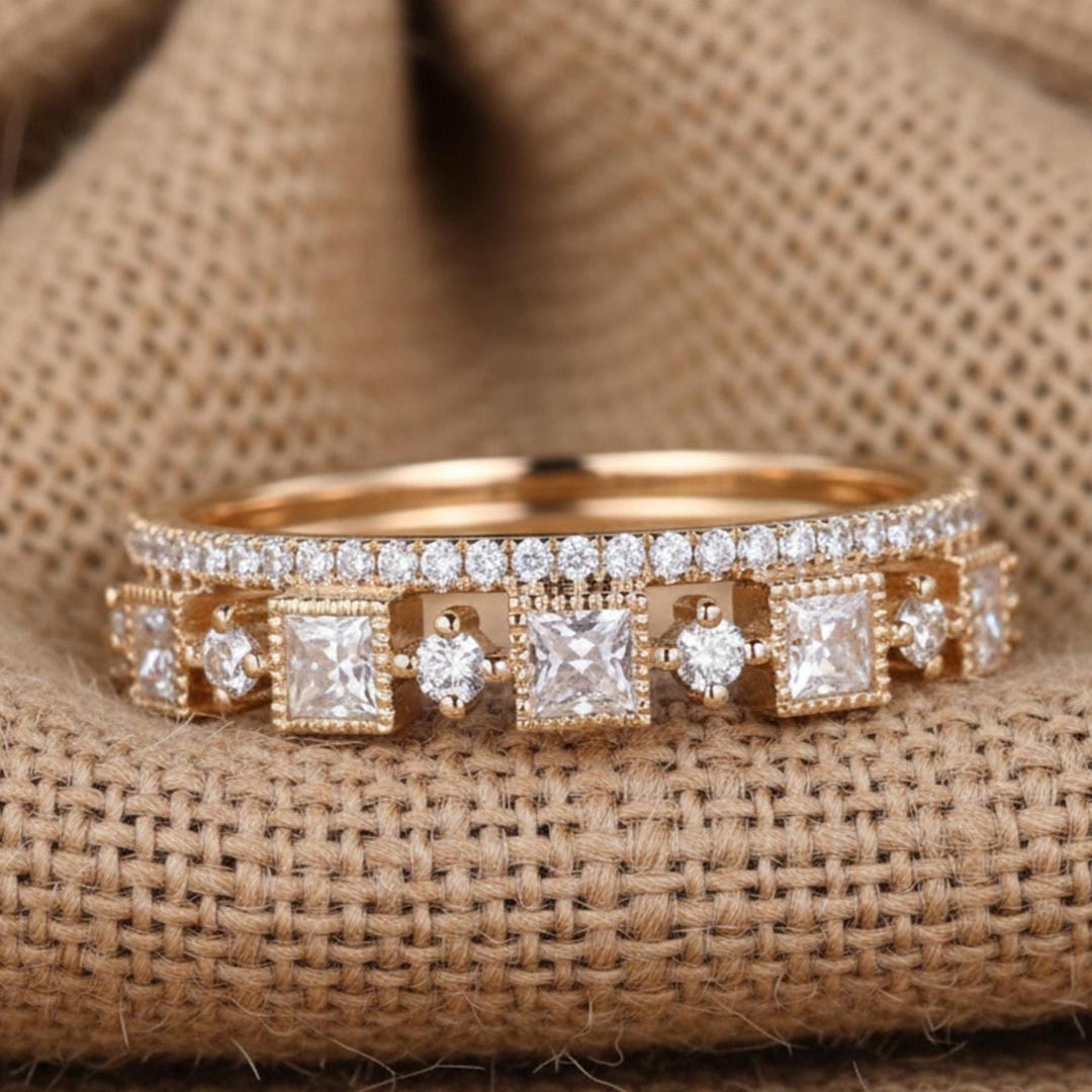Princess Cut Ring Stackable Rings Princess Cut Moissanite Ring • Gold CZ Stacking Band • Elegant ...