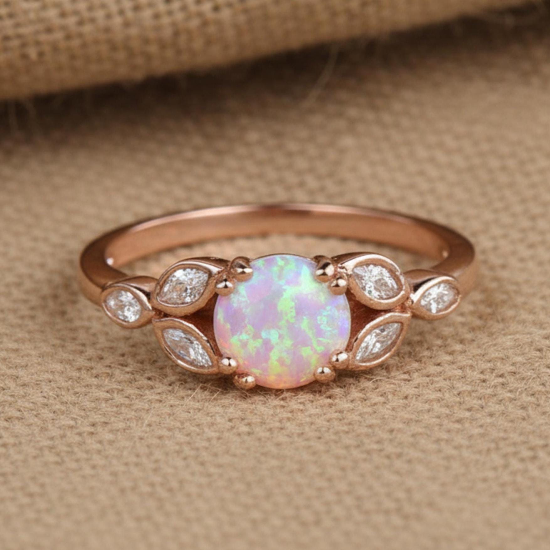 Unique Pink Fire Opal Ring: Vintage Rose Gold Cluster Marquise Cut CZ Diamond Ring Unique Pink Fire Opal Ring: Vintage Rose Gold Cluster Marquise Cut CZ Diamond Ring