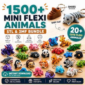 Può includere: Un assortimento di figurine di animali mini flexi stampate in 3D, tra cui un gattino, un portachiavi a forma di scarpa e oltre 20 altri simpatici design. L'immagine include il testo "1500+ MINI FLEXI ANIMALS STL & 3MF BUNDLE" e "INSTANT DOWNLOAD".