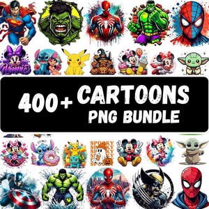 Könnte beinhalten: Eine Sammlung von PNG-Bildern von Cartoon-Charakteren, darunter Superman, Hulk, Spider-Man, Minnie Mouse, Stitch, Pikachu und Baby Yoda. Das Bild enthält den Text "400+ CARTOONS PNG BUNDLE."
