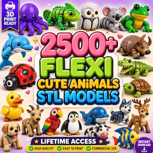May include: A digital collection of 2500+ 3D printable flexi animal models featuring various creatures including an octopus, chameleon, owl, koala, frog, dolphin, ladybug, armadillo, crocodile, turtle, duck, goat, parrot, penguin, whale, dog, deer, and fish.