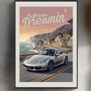 Porsche Poster, Fine Art Wandkunst für Auto-Enthusiasten, Kalifornien Auto Druck, Wohnkultur Geschenk, Vintage Auto Kunst, Garage Dekor, Man Cave