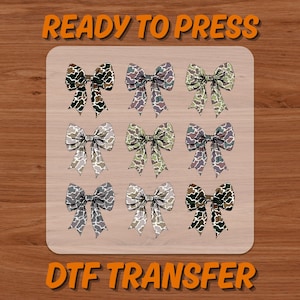 Coquette Camo DTF Transfer with Camouflage Bows, Hunting Mama Trendy Ready To Press Heat Transfer Design for Shirts, Stylish Print